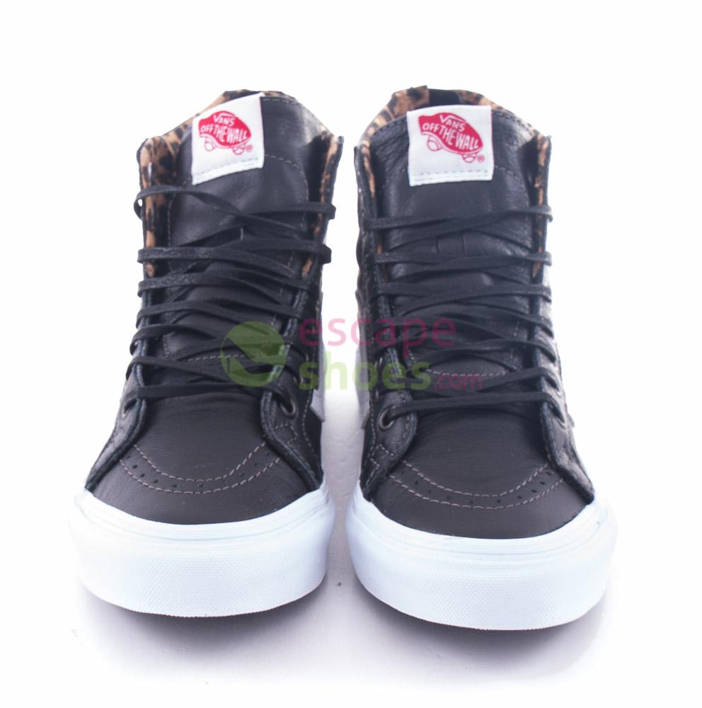 vans sk8 hi slim black leather & leopard zip shoes